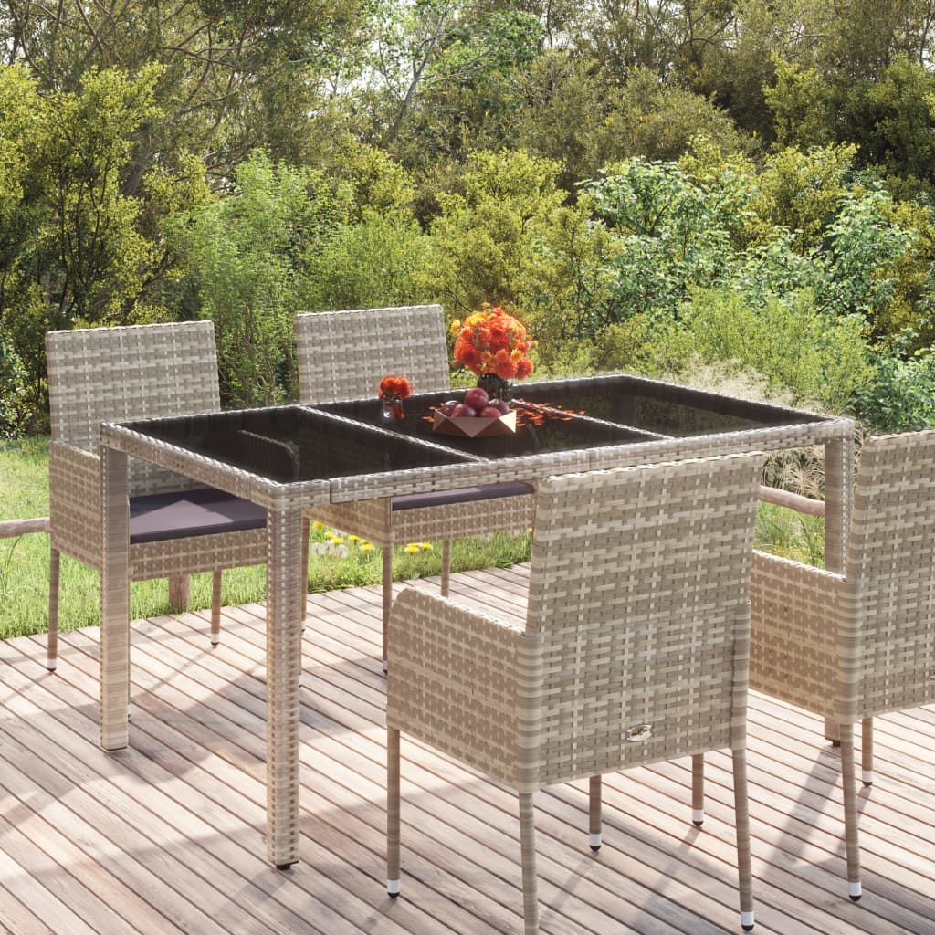 Mesa de jardim com tampo de vidro 150x90x75 cm vime PE cinzento