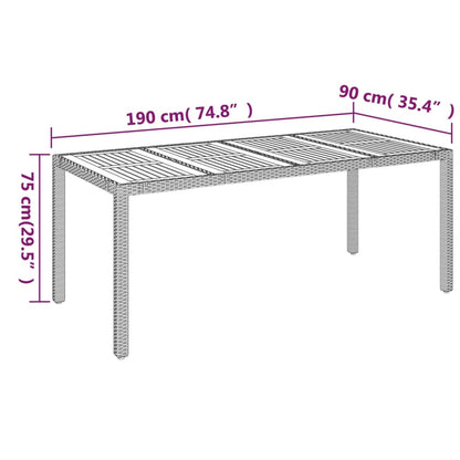 Mesa de jardim com tampo de madeira 190x90x75 cm vime PE cinza