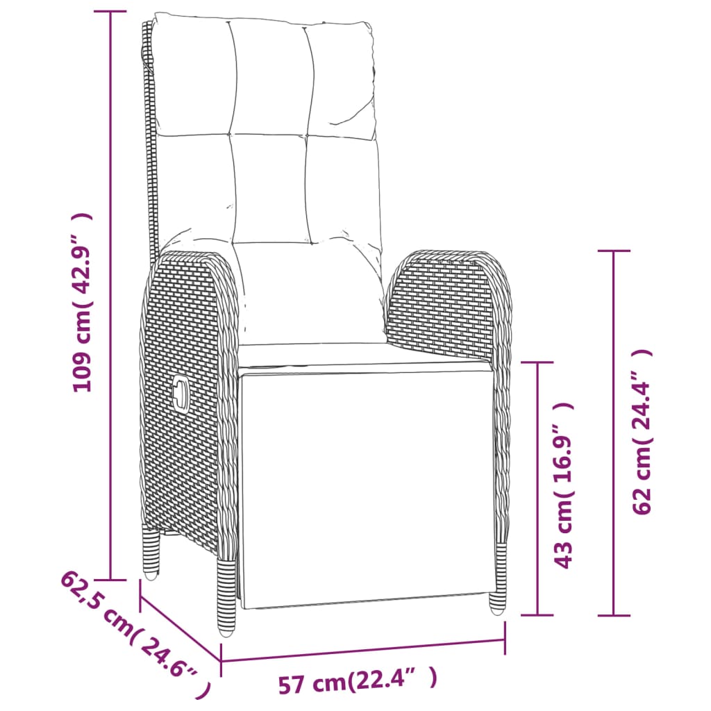 Poltronas de jardim reclináveis 2 pcs com mesa vime PE cinza