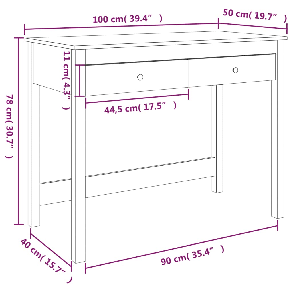 Secretária com gavetas 100x50x78 cm pinho maciço branco