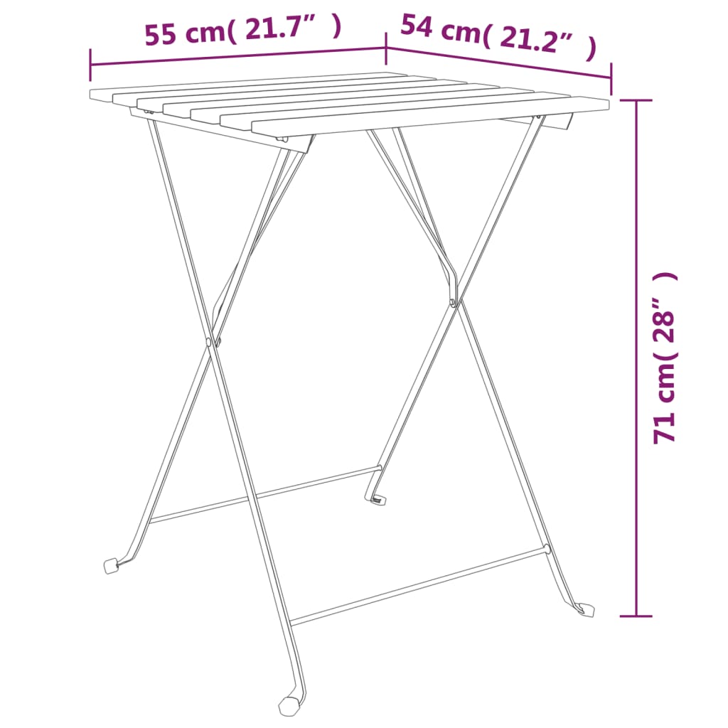 Mesa de bistrô dobrável 55x54x71 cm teca maciça e aço