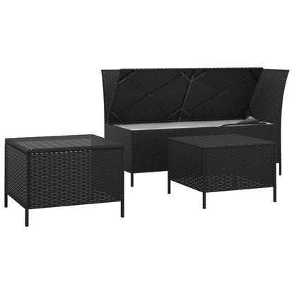 3 pcs conjunto lounge de jardim c/ almofadões vime PE preto