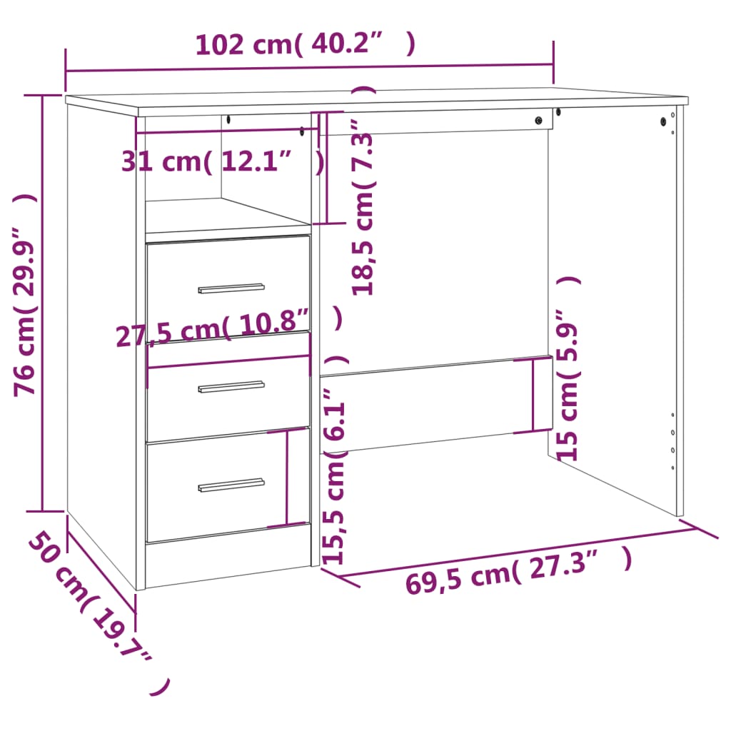 Secretária c/ gavetas 102x50x76 derivados madeira cinza sonoma