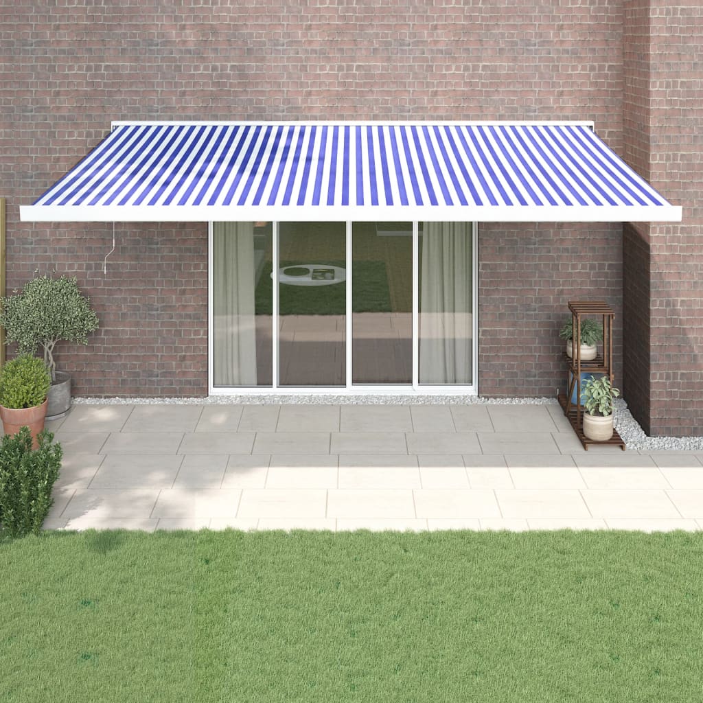 Toldo retrátil 5x3 m tecido e alumínio azul e branco