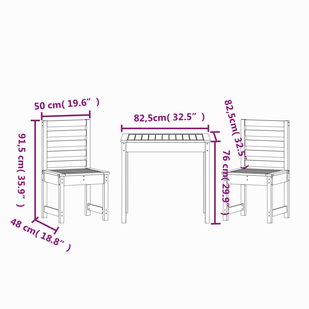 3 pcs conjunto de bistrô para jardim madeira de pinho maciça