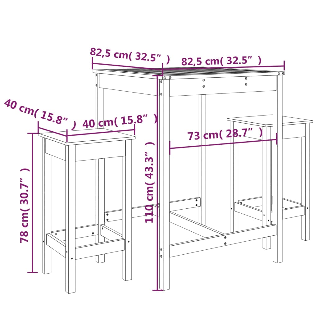 3 pcs conjunto de bar para jardim madeira de pinho maciça