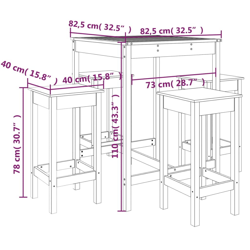 5 pcs conjunto de bar para jardim pinho maciço