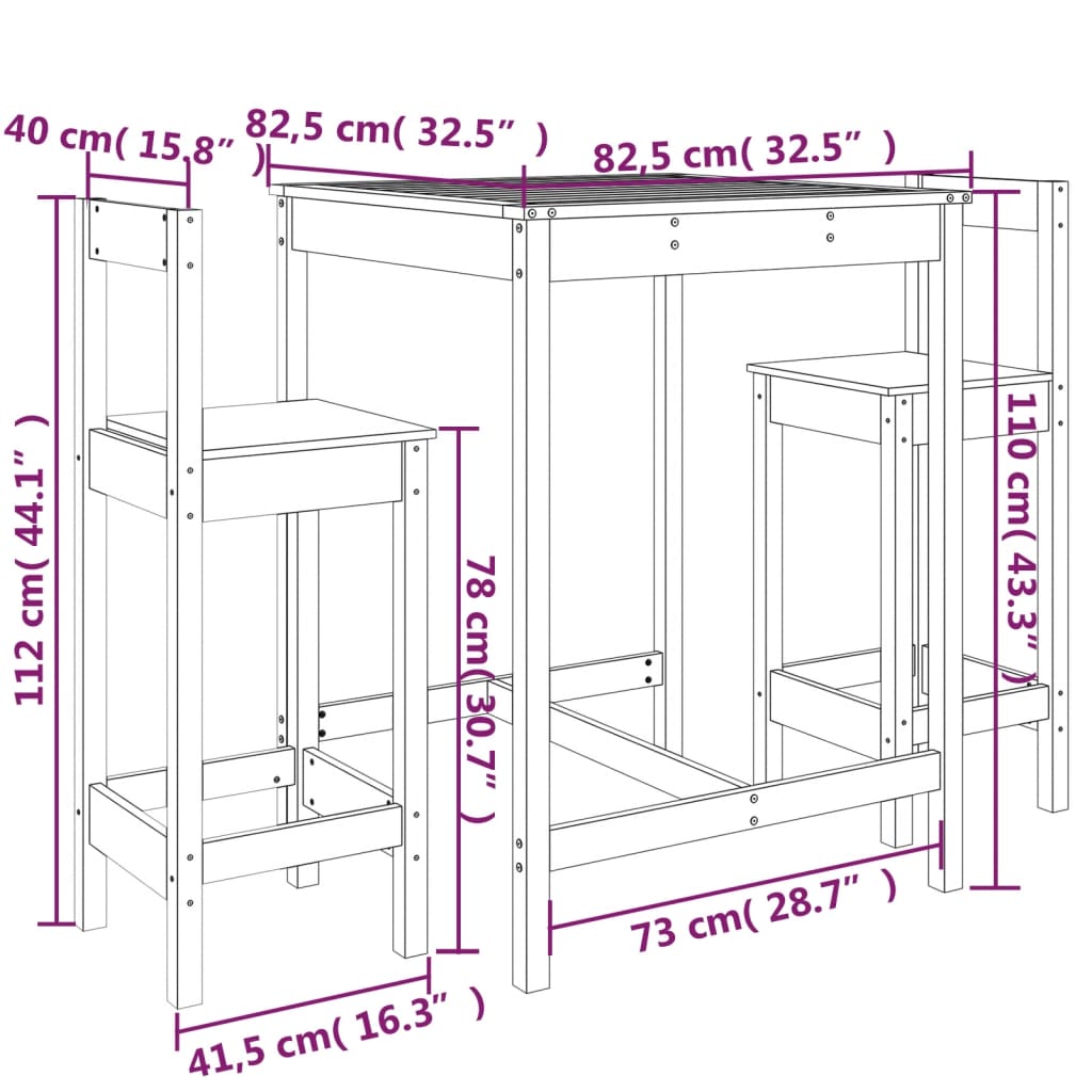 3 pcs conjunto de bar para jardim madeira de pinho maciça