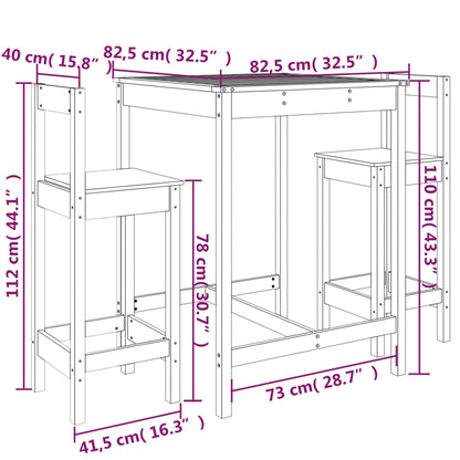 3 pcs conjunto de bar para jardim pinho maciço branco