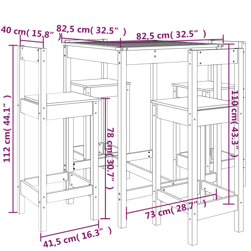 5 pcs conjunto de bar para jardim pinho maciço preto