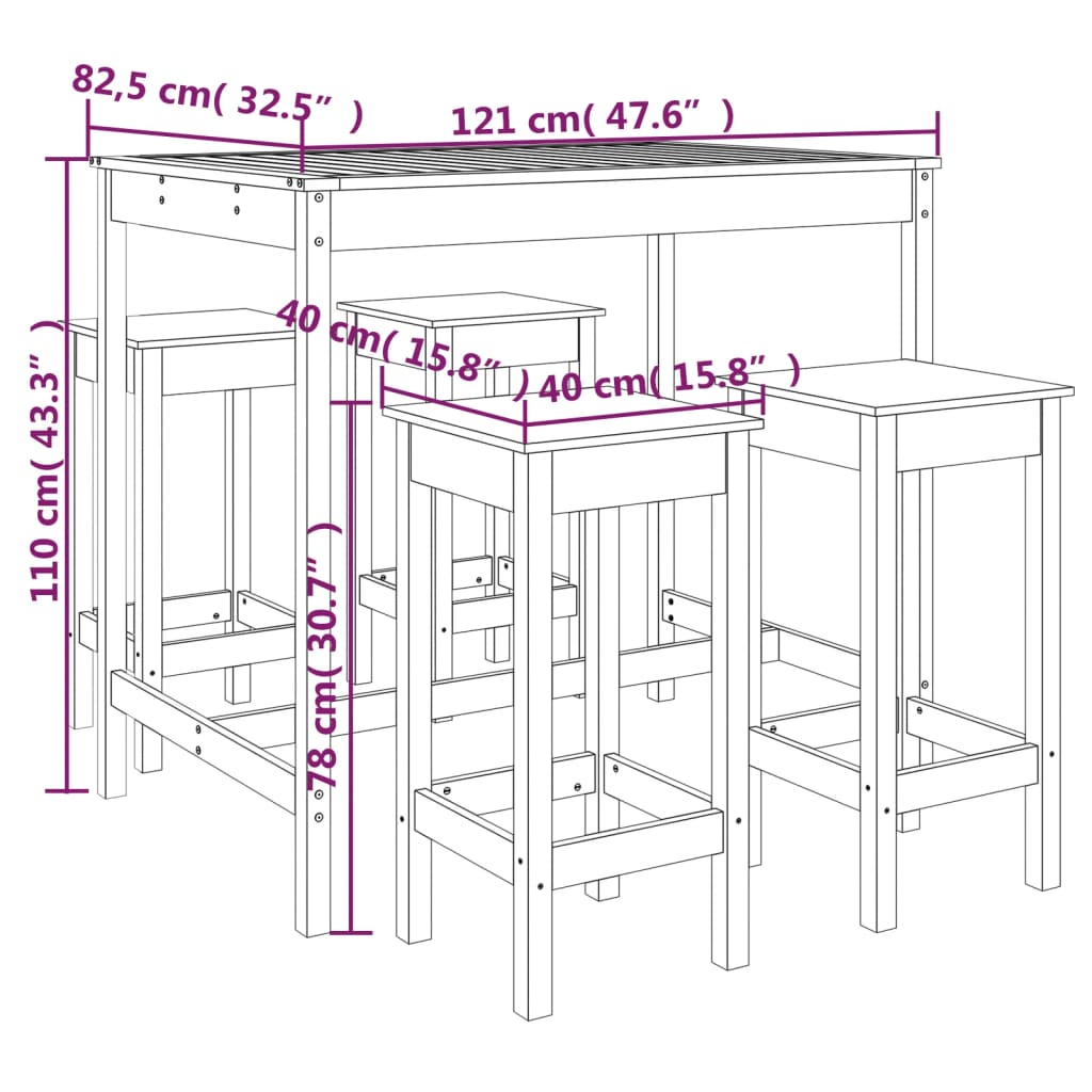 5 pcs conjunto de bar para jardim pinho maciço branco