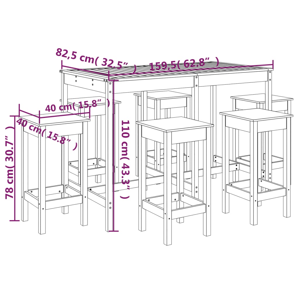 7 pcs conjunto de bar para jardim pinho maciço