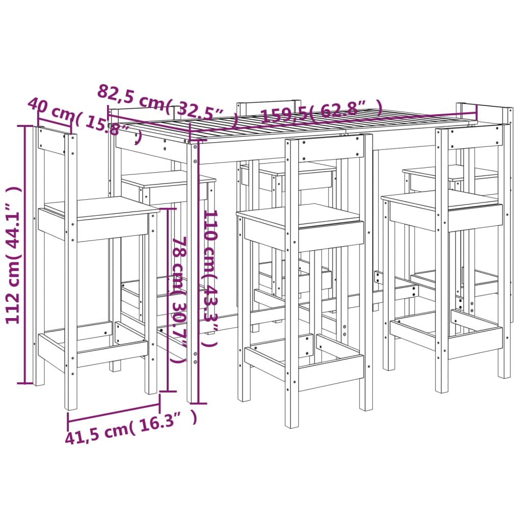 7 pcs conjunto de bar para jardim pinho maciço