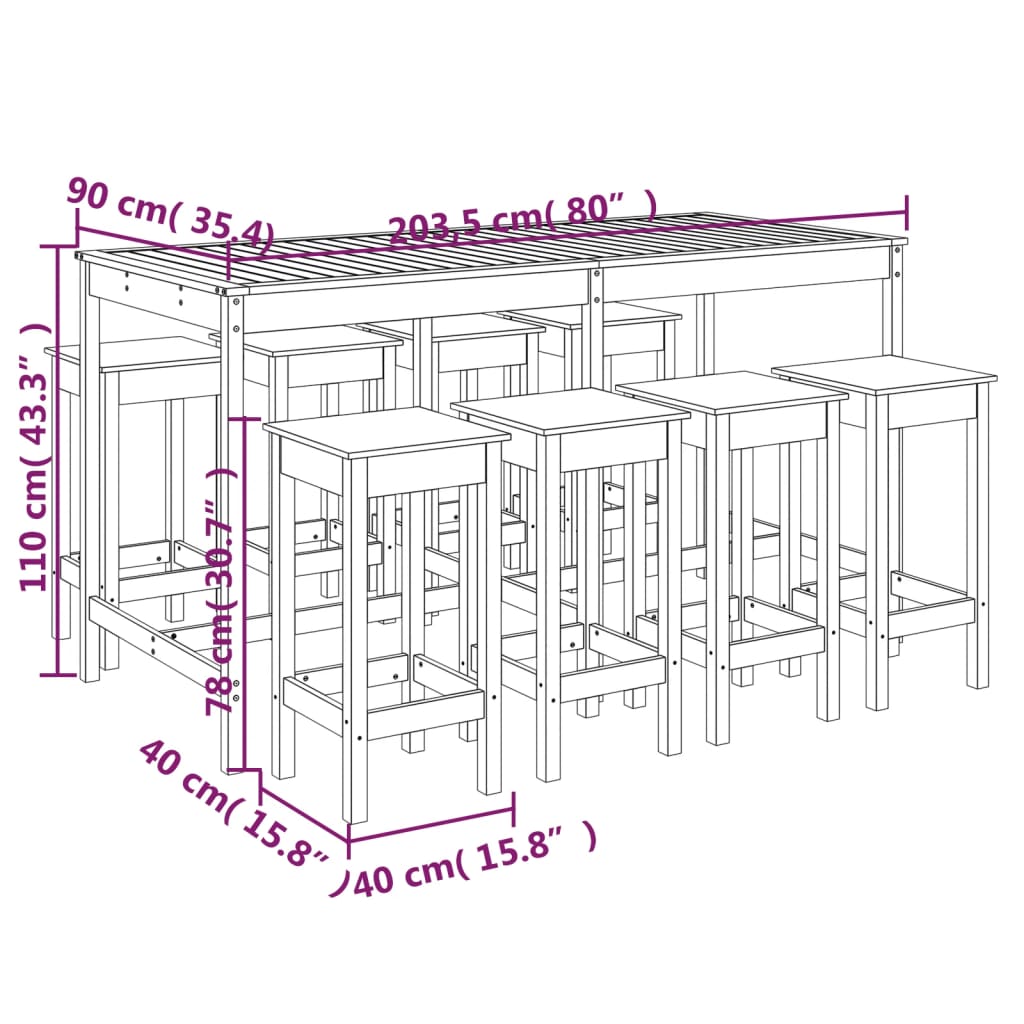 9 pcs conjunto de bar para jardim pinho maciço branco