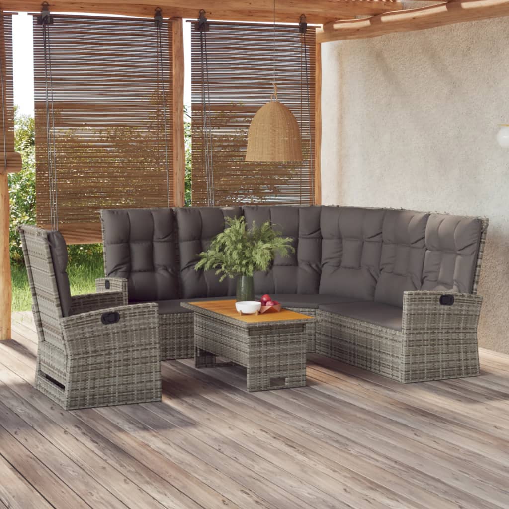 3 pcs conjunto lounge de jardim c/ almofadões vime PE cinzento