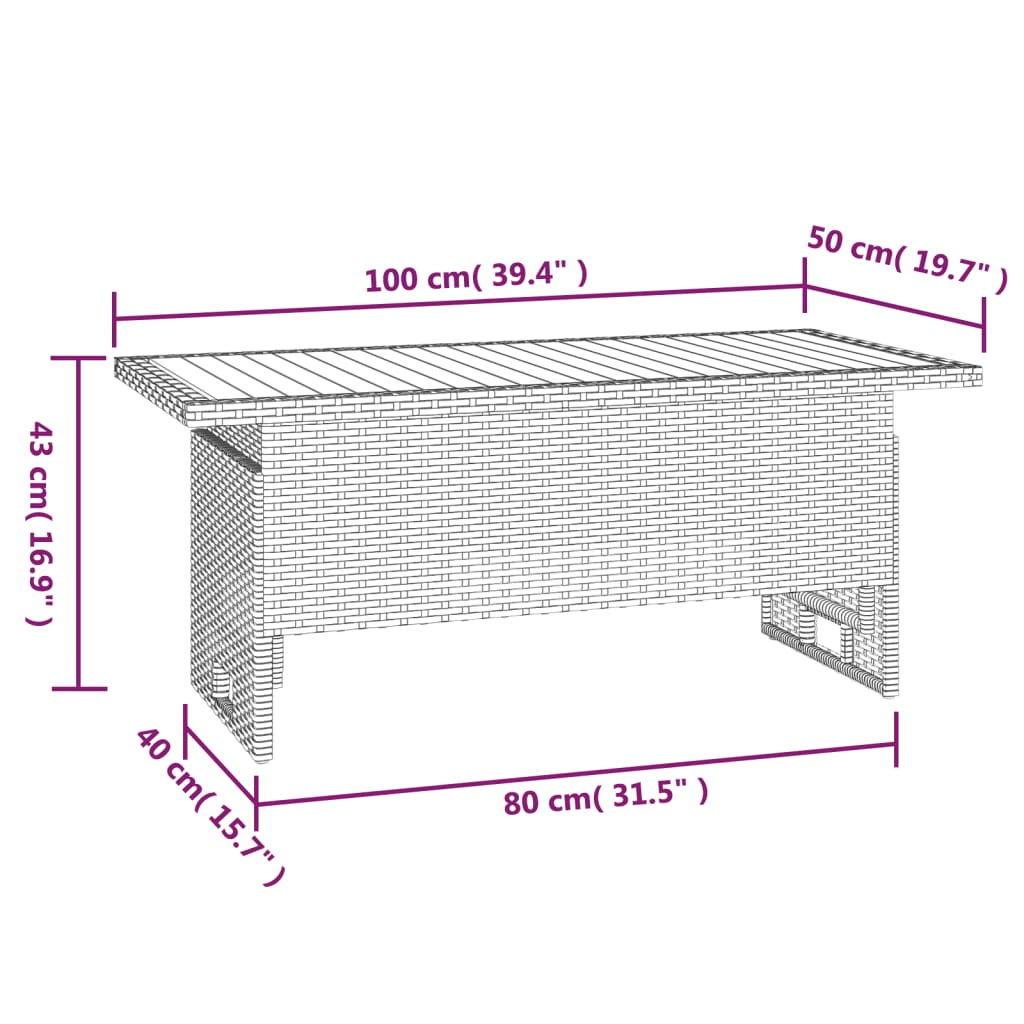 Mesa de jardim 100x50x43/63 cm acácia maciça/vime PE cinza