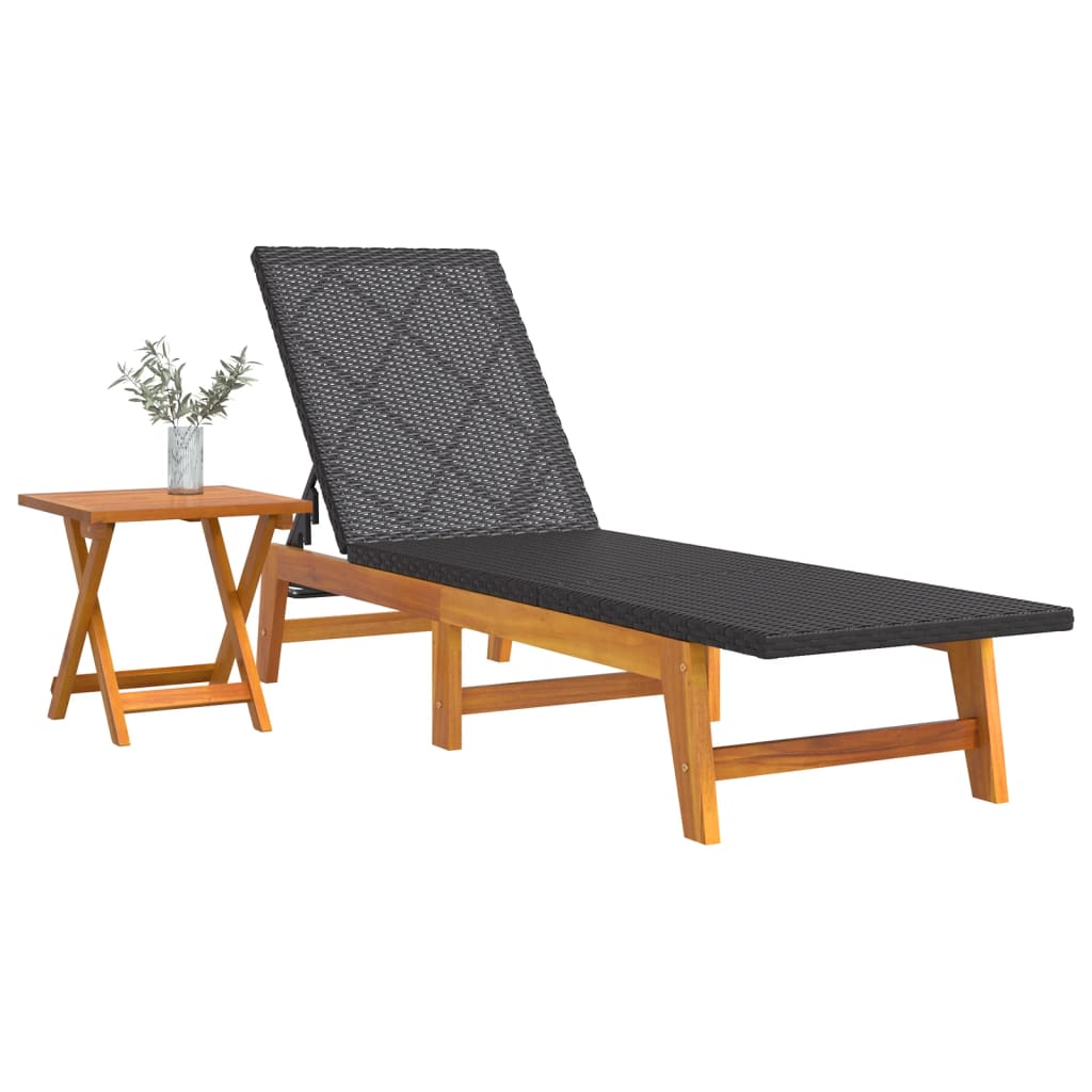 Espreguiçadeira com Mesa de Apoio em Vime e Madeira de Acácia - Preto e Castanho - Design Natura