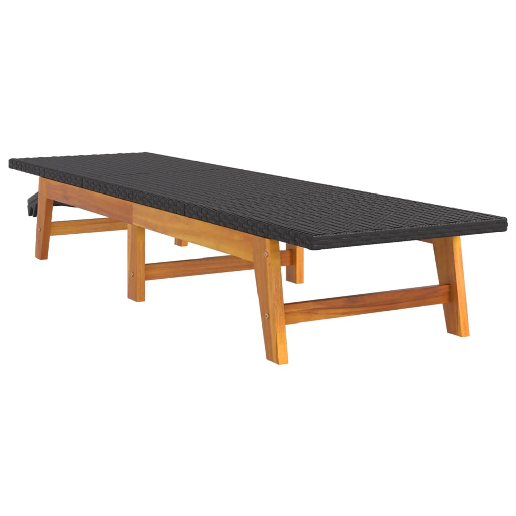 Espreguiçadeira com Mesa de Apoio em Vime e Madeira de Acácia - Preto e Castanho - Design Natura