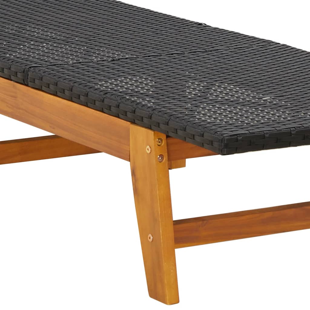 Espreguiçadeira com Mesa de Apoio em Vime e Madeira de Acácia - Preto e Castanho - Design Natura