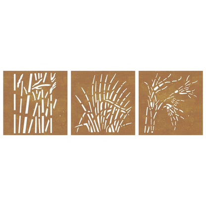 Decorações p/ muro jardim 3pcs 105x55cm aço corten design relva