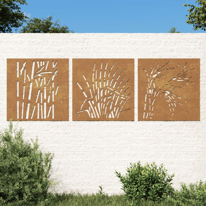 Decorações p/ muro jardim 3pcs 105x55cm aço corten design relva