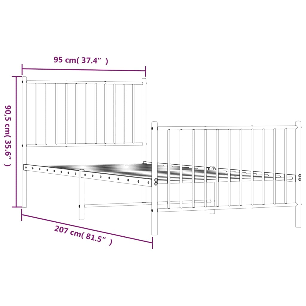 Estrutura de cama com cabeceira e pés 90x200 cm metal preto