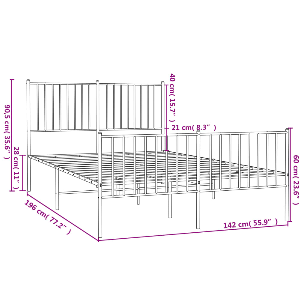 Estrutura de cama com cabeceira e pés 135x190 cm metal preto