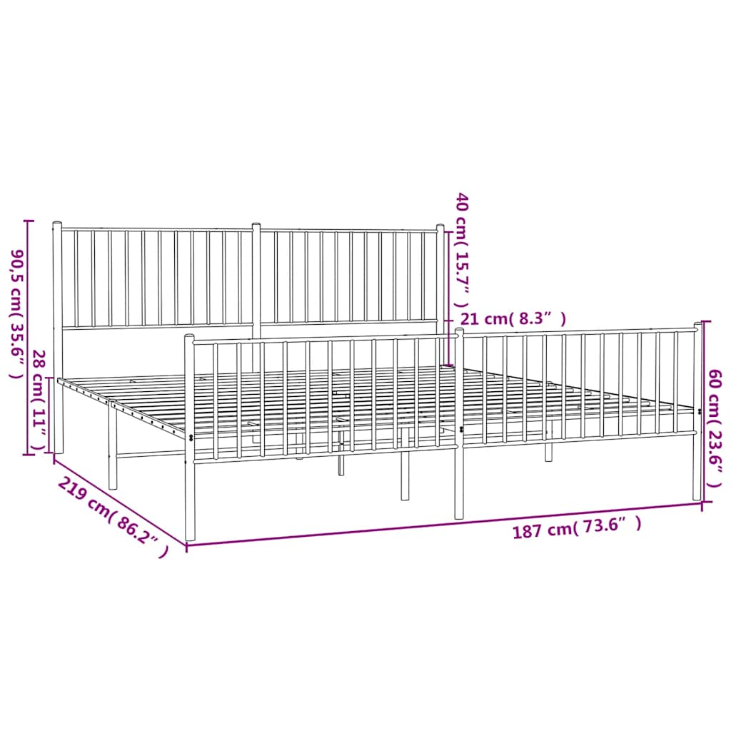 Estrutura de cama com cabeceira e pés 183x213 cm metal preto