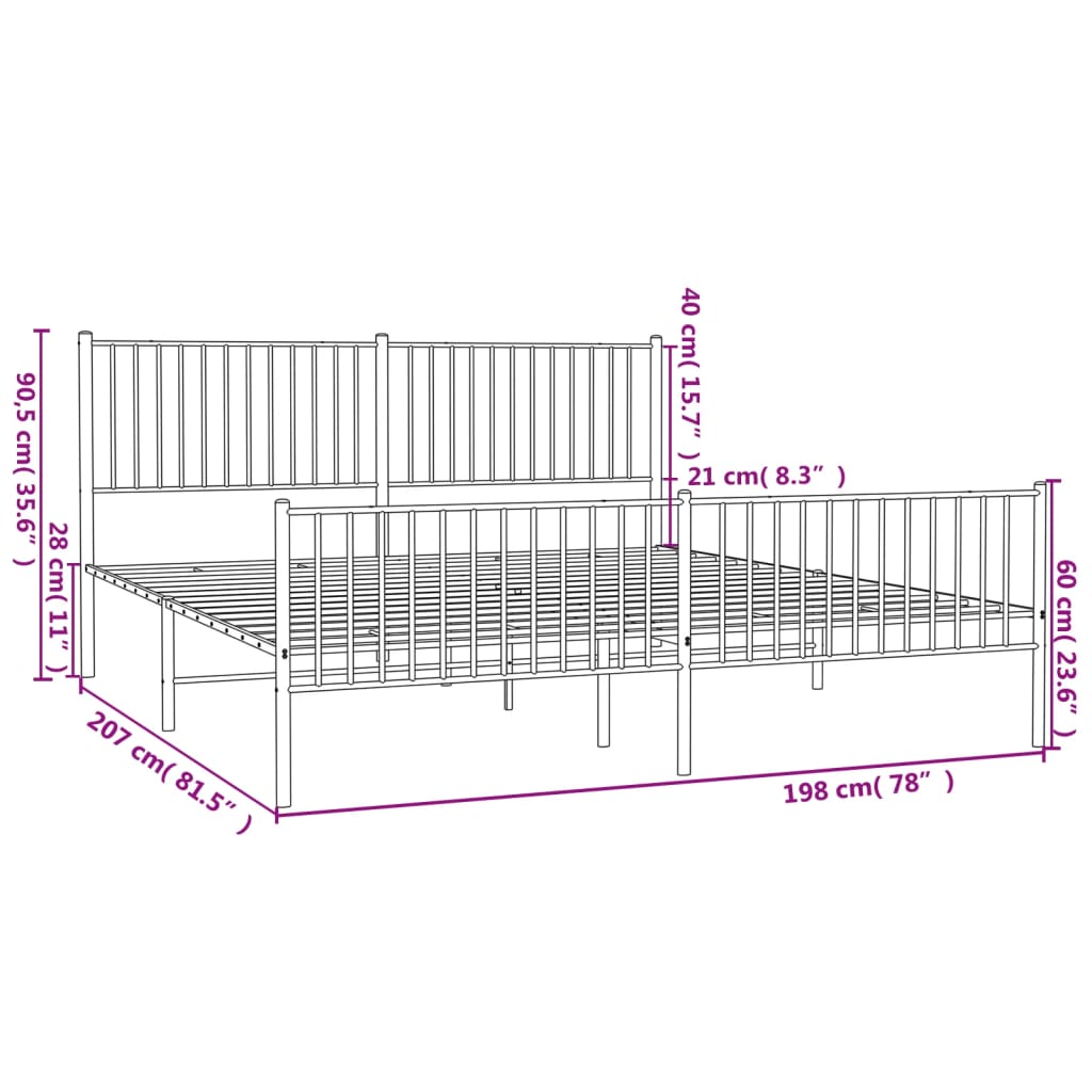 Estrutura de cama com cabeceira e pés 193x203 cm metal preto