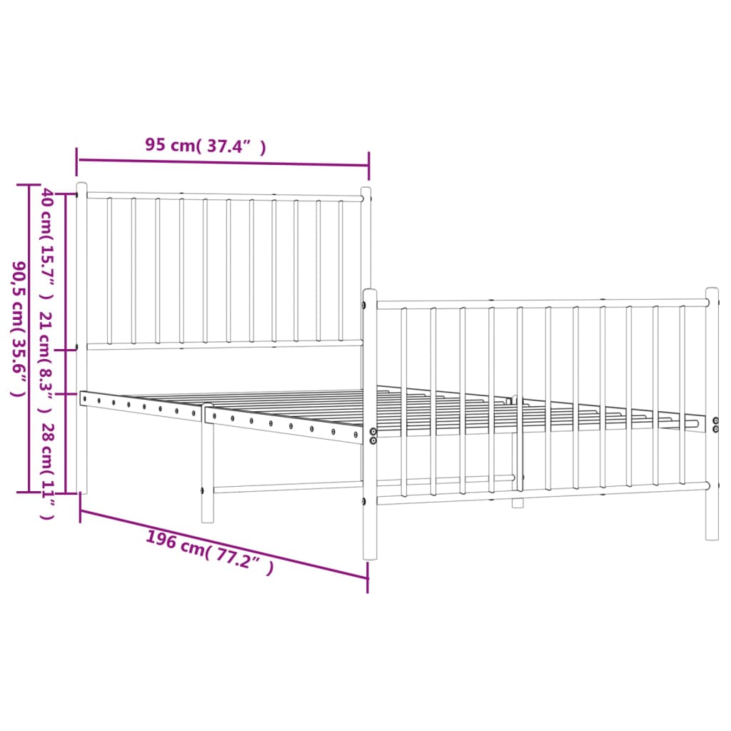 Estrutura de cama com cabeceira e pés 90x190 cm metal branco