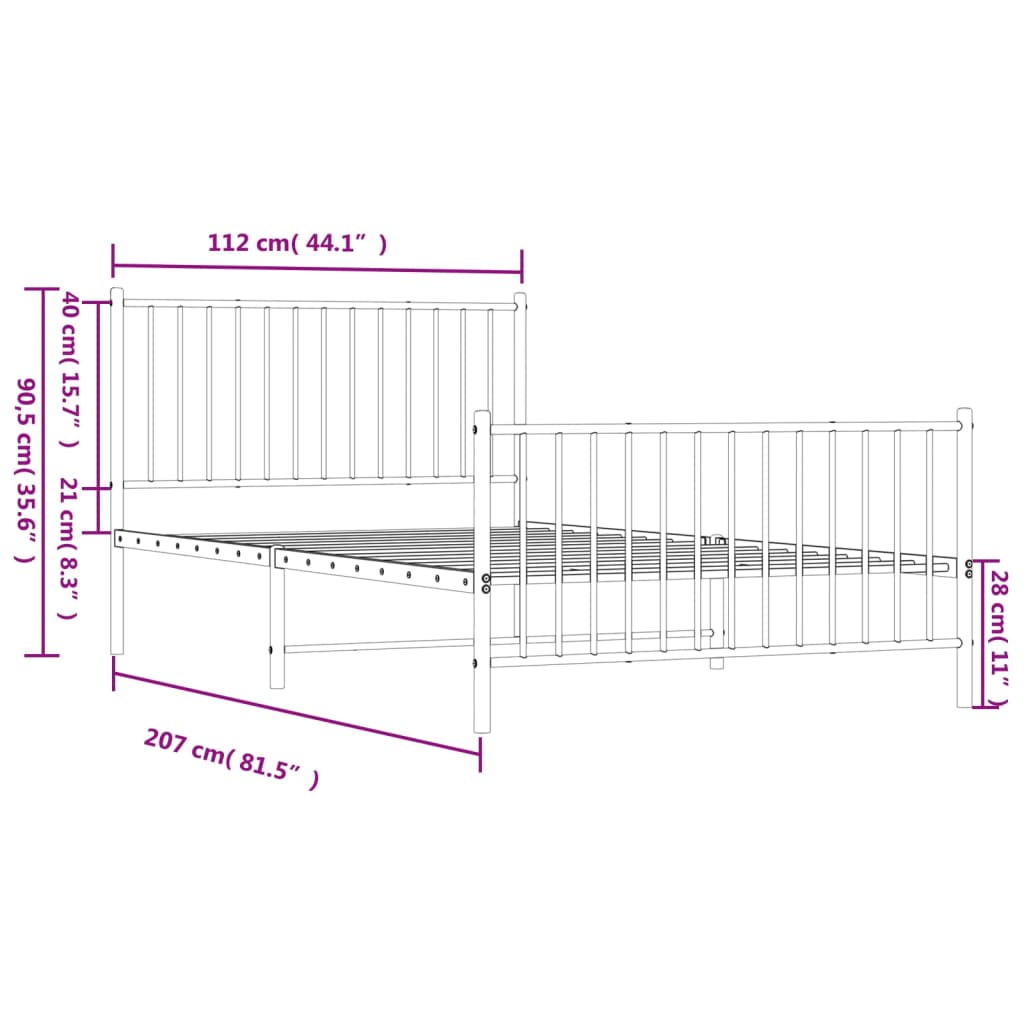 Estrutura de cama com cabeceira e pés 107x203 cm metal branco