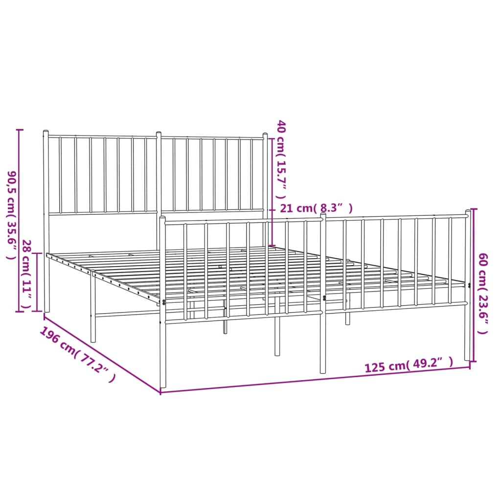 Estrutura de cama com cabeceira e pés 120x190 cm metal branco