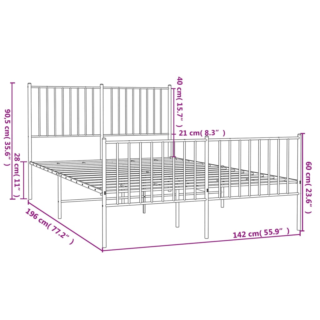 Estrutura de cama com cabeceira e pés 135x190 cm metal branco