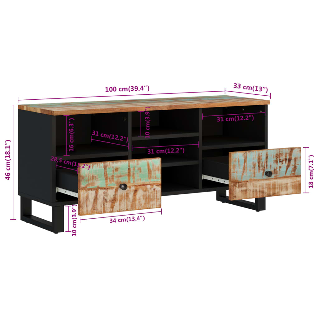 Móvel de TV 100x33x46 cm madeira recuperada maciça e derivados