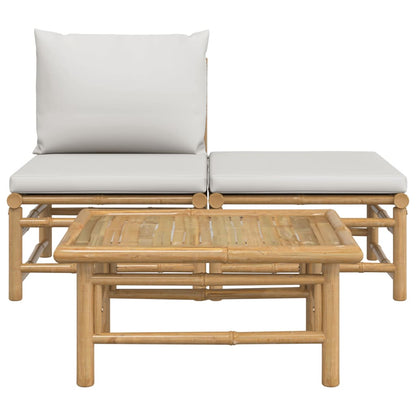 3 pcs conj. lounge de jardim bambu c/ almofadões cinzento-claro