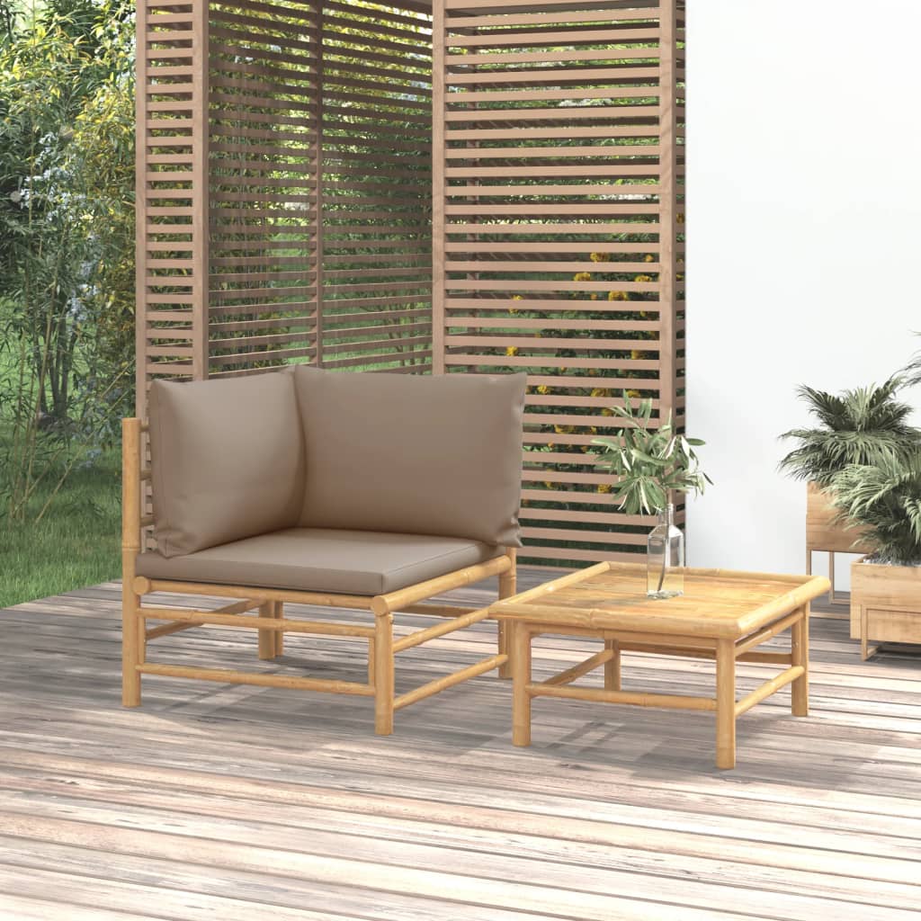 2 pcs conj. lounge jardim bambu almofadões cinzento-acastanhado