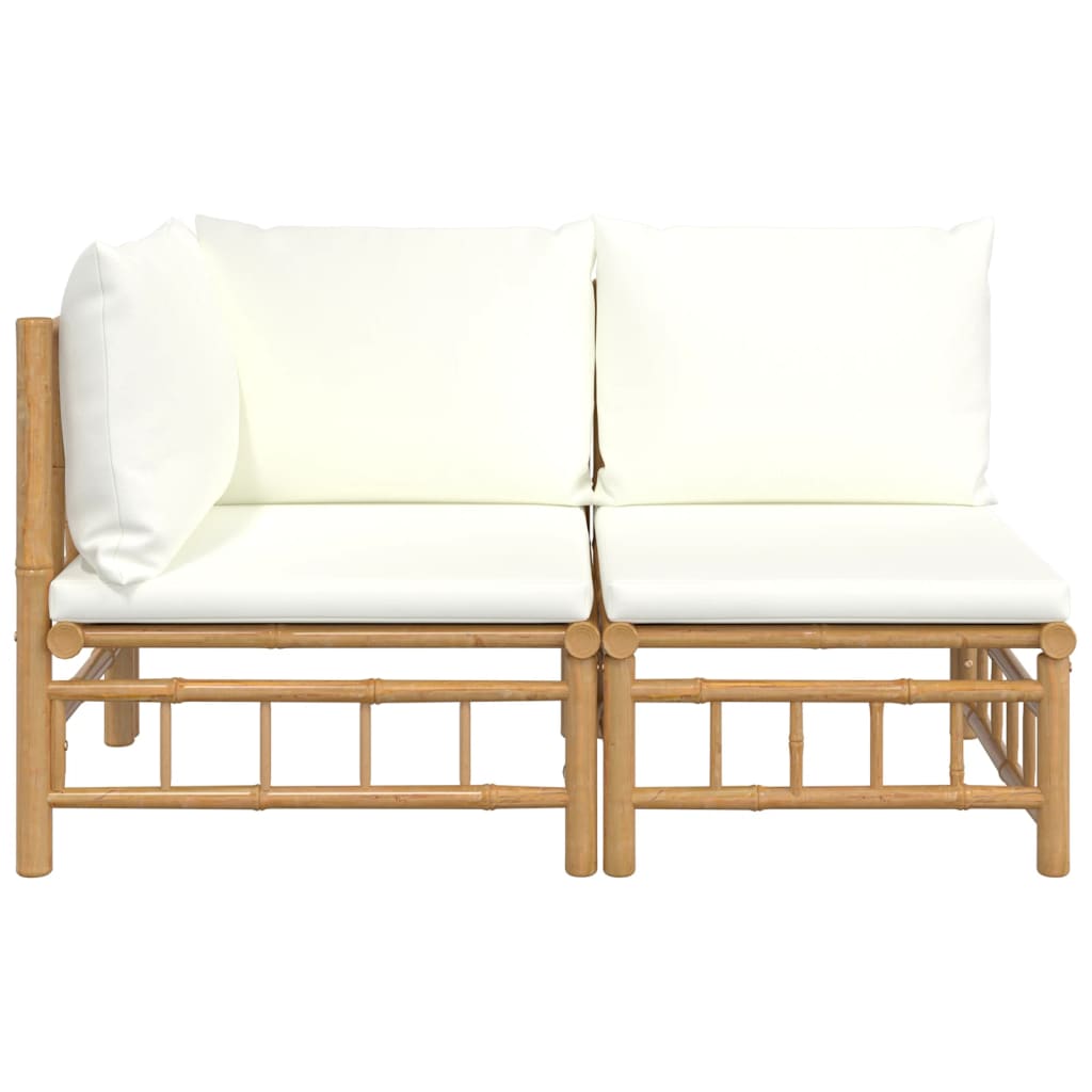 2 pcs conjunto lounge de jardim bambu c/ almofadões branco nata