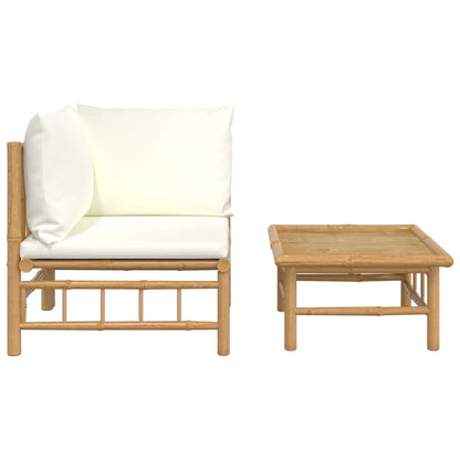 2 pcs conjunto lounge de jardim bambu c/ almofadões branco nata