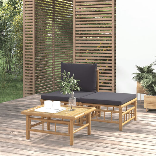 3pcs conj. lounge de jardim bambu c/ almofadões cinzento-escuro