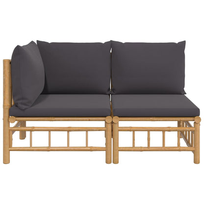 2pcs conj. lounge de jardim bambu c/ almofadões cinzento-escuro