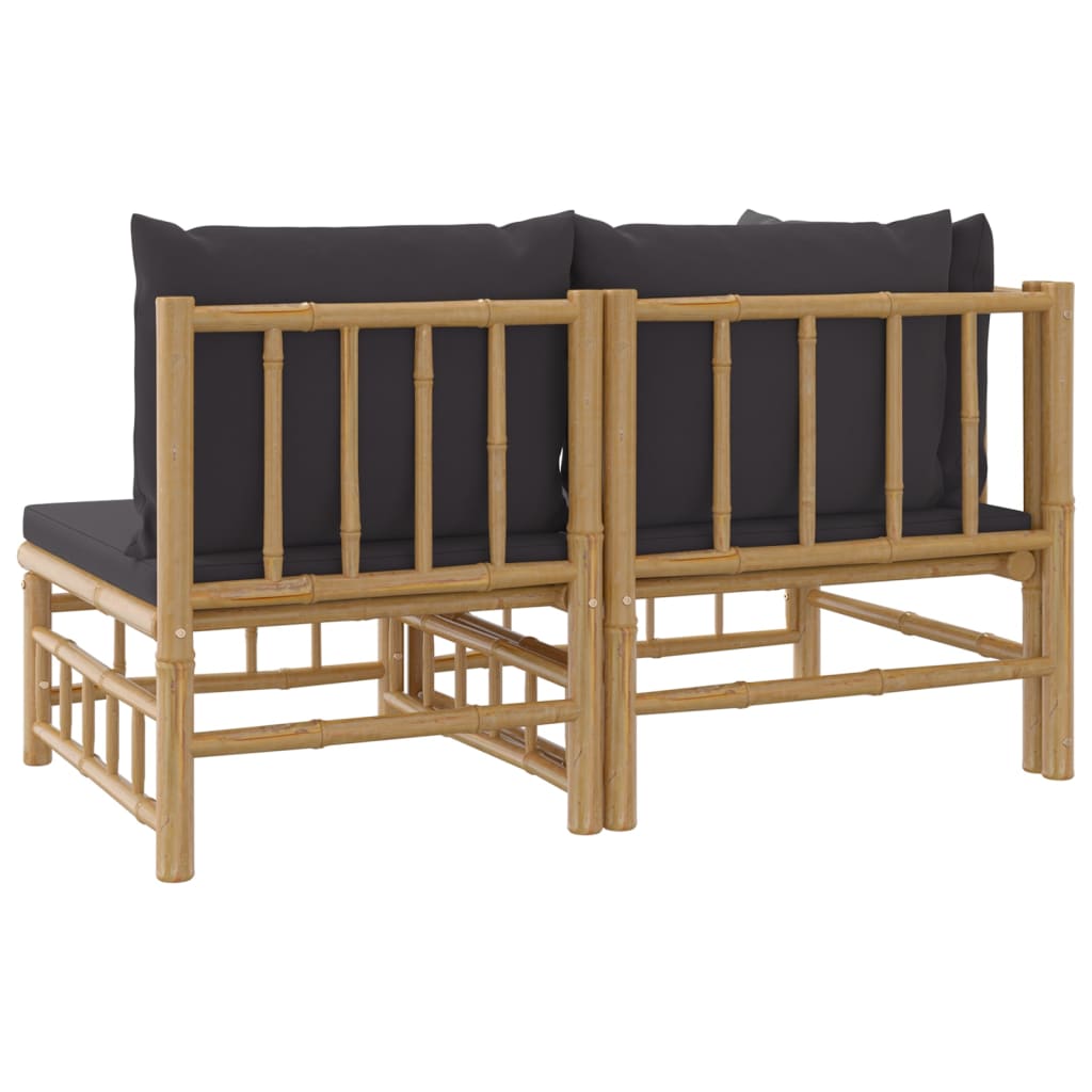 2pcs conj. lounge de jardim bambu c/ almofadões cinzento-escuro