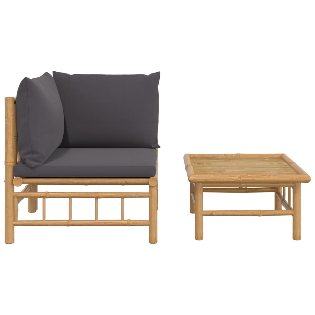 2pcs conj. lounge de jardim bambu c/ almofadões cinzento-escuro