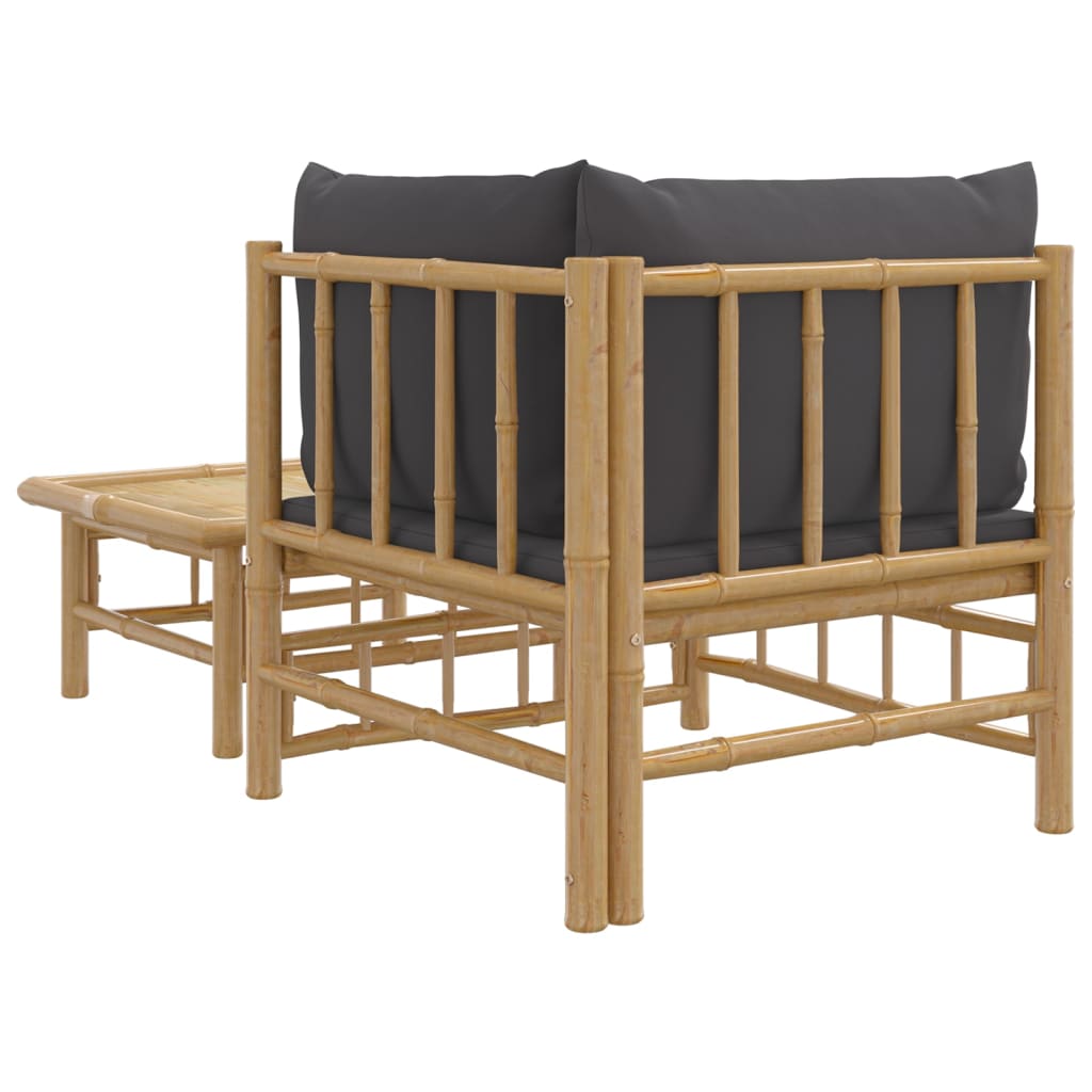 2pcs conj. lounge de jardim bambu c/ almofadões cinzento-escuro