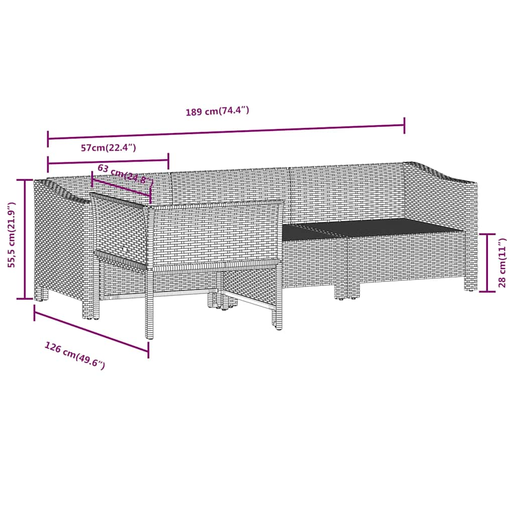 4 pcs conjunto lounge de jardim c/ almofadões vime PE cinzento