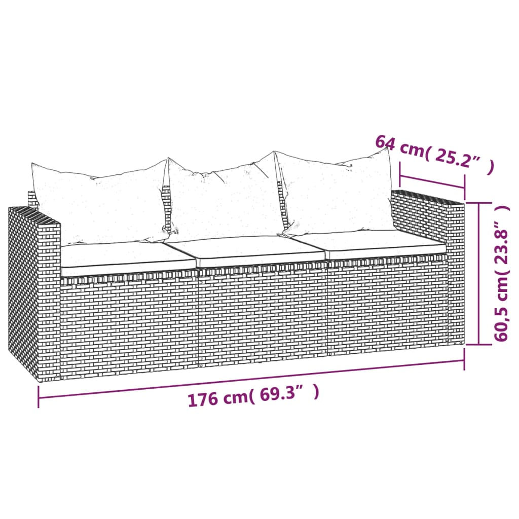 3 pcs conjunto lounge de jardim c/ almofadões vime PE cinzento