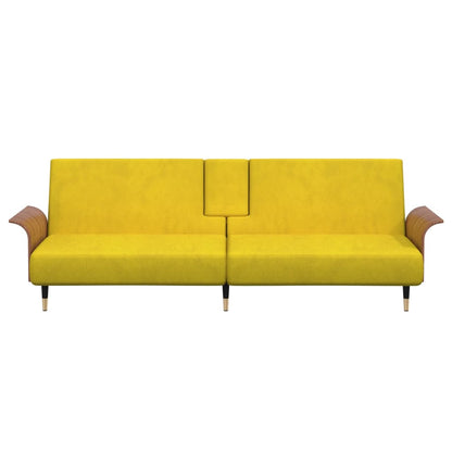 Sofá-cama com suporte para copos veludo amarelo