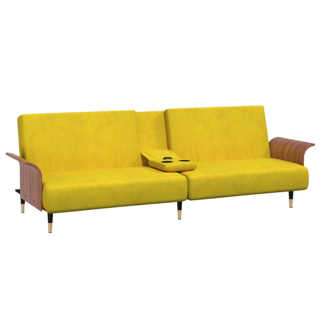 Sofá-cama com suporte para copos veludo amarelo