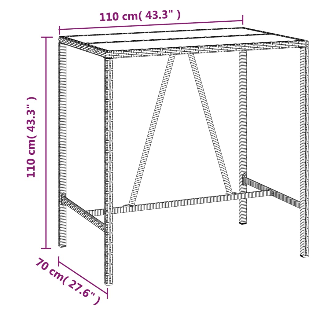 Mesa de bar com tampo de vidro 110x70x110 cm vime PE cinzento