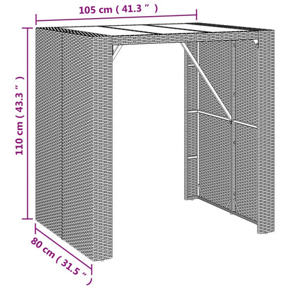 Mesa de bar com tampo de vidro 105x80x110 cm vime PE castanho