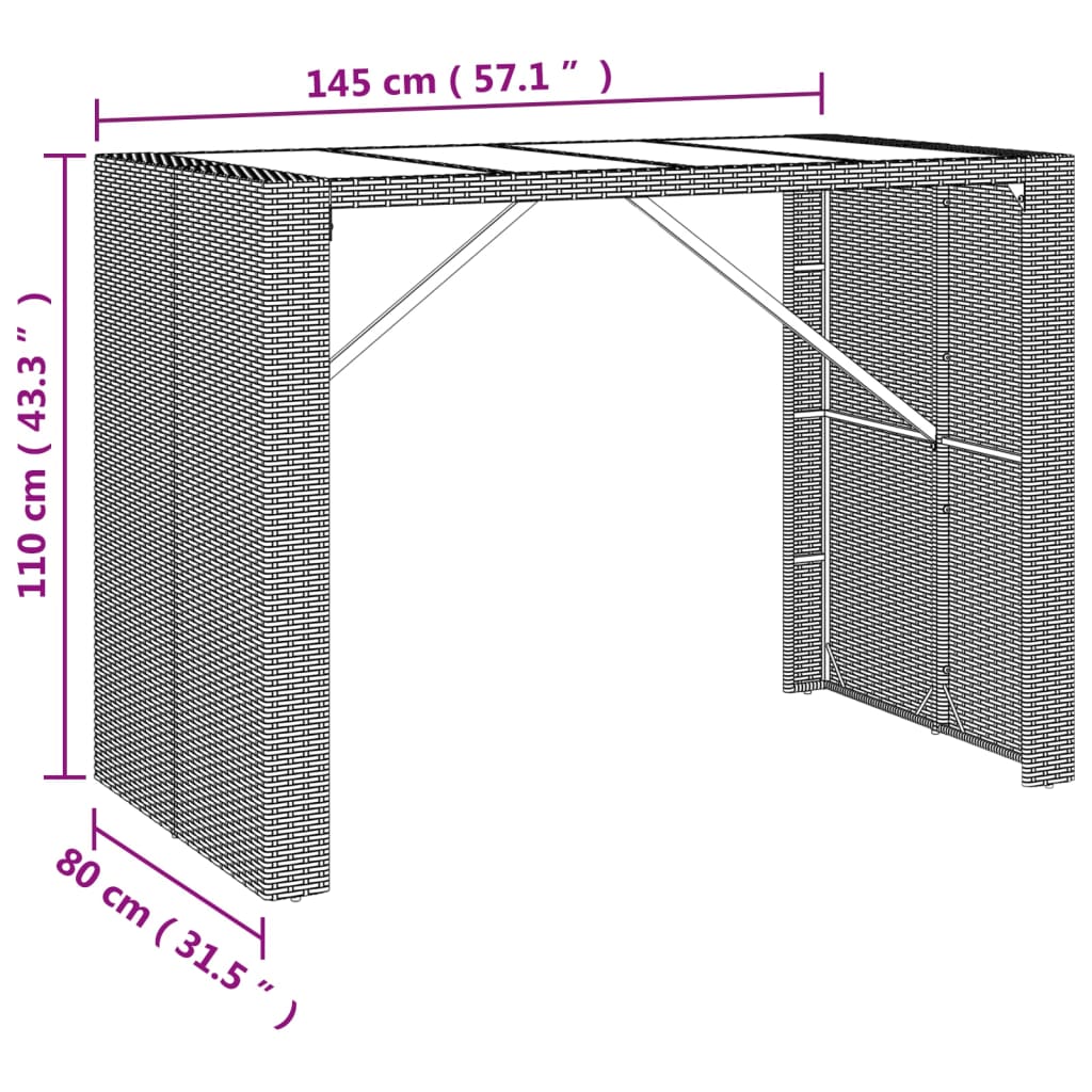 Mesa de bar com tampo de vidro 145x80x110 cm vime PE castanho